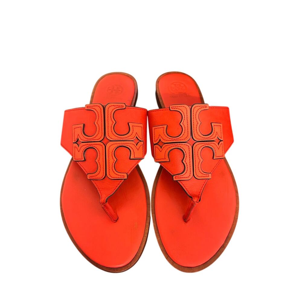 Tory Burch Jamie Full Logo Leather Thong Sandals in a vibrant coral-red size 9
